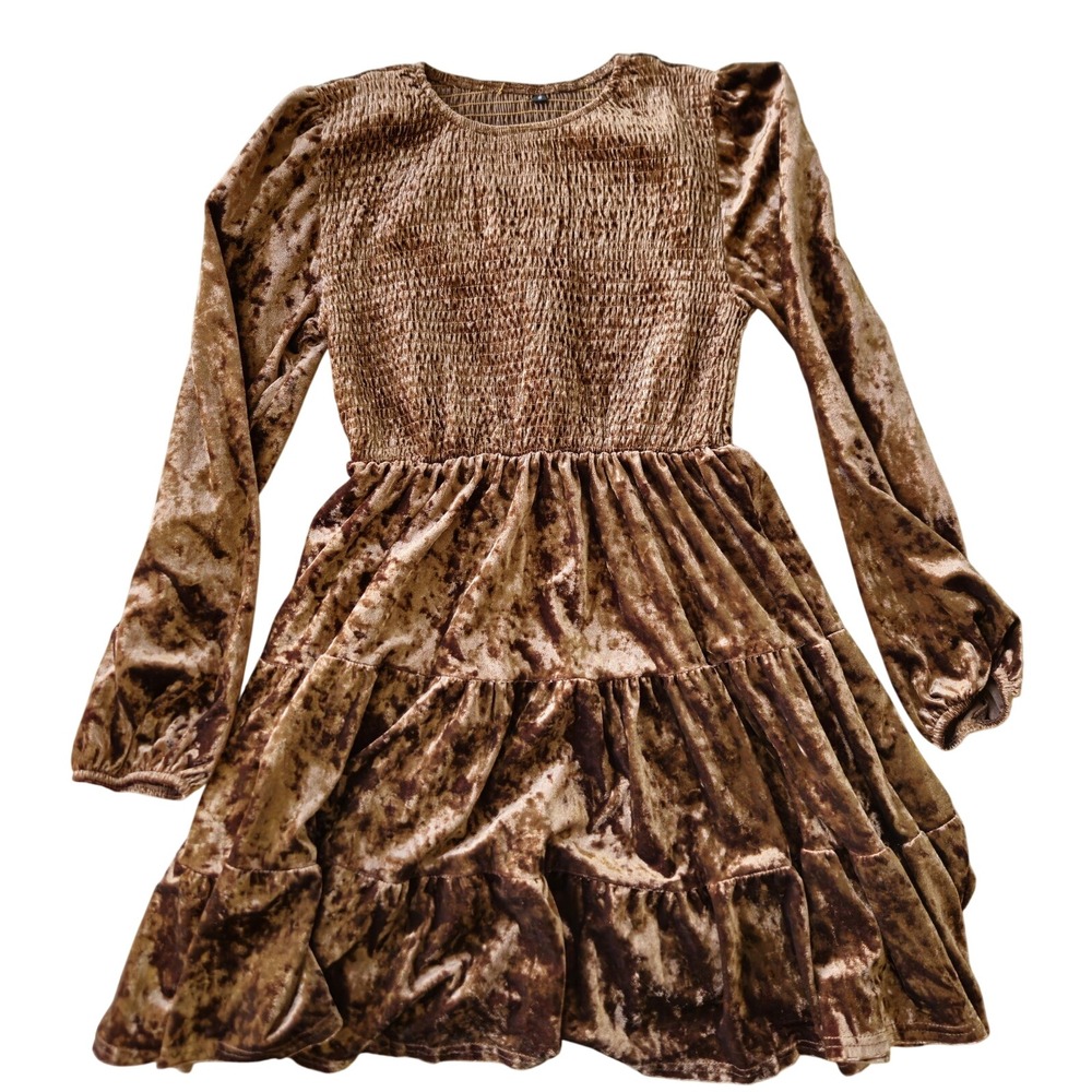 Crushed Velvet Mini Dress Small Smocked Tiered Copper Boho Ren Faire Whimsigoth